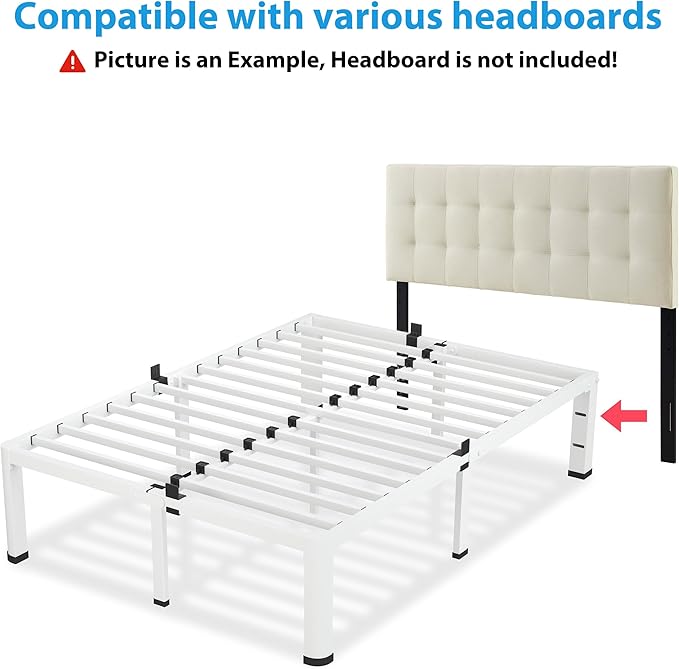 12 Inch White Queen Bed Frame, 3500Lbs Heavy Duty Metal Platform with Round Corner Legs Mattress Slide Stopper, Steel Slat Support No Box Spring Needed, Noise Free, Non-Slip, Easy Assembly