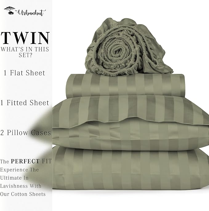 URBANHUT 800 Thread Count 100% Cotton Damask Twin Size Sheets, 4 Piece Striped Twin Size Bedsheets, Luxury Hotel Sheets Sateen Weave - Better Than Egyptian, 14" Elasticized Deep Pocket- Sage