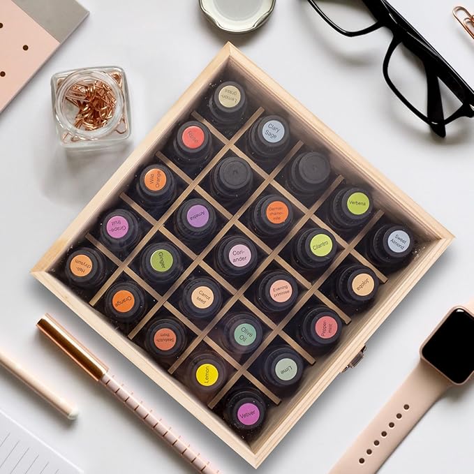 Essential Oil Storage Box High Capacity Glass Lid Wooden Essential Oils Display Organizer Stand Holder for 15 ml Bottles Nail Polish Collection.