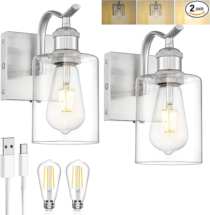 Battery Operated Wall Sconces Set of 2, Brushed Nickel Rechargeable Wall Lights with 5200mAh Battery and Touch Control, Dimmable Wireless Sconce Lamp for Bedroom Hallway Bathroom ZCVL01BN-1A-2P