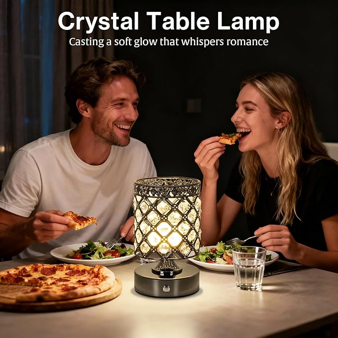 TOBUSA Black Rechargeable Cordless Table Lamp, Portable 6000mAh Crystal Battery Operated Lamp 3000K-4500K-6000K, Stepless Dimmable Bedside Touch Small Desk Lamp, Modern Industrial LED Night Light