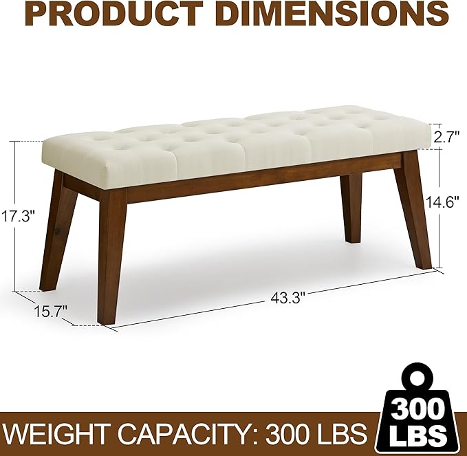 43.5'' Linen Bedroom Bench, Upholstered End of Bed Bench with Tufted Button, Padded Vintage Dining Bench, Entryway Bench with Solid Wood Legs, Kitchen, Living Room, Hallway, Beige Tufted