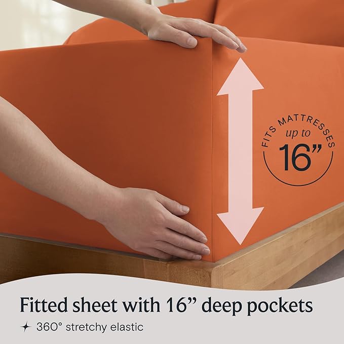LuxClub 4 PC Queen Sheet Set, Deep Pockets Wrinkle Free Cooling Bed Sheets Hotel Bedding for Women, Men, Includes 1 Fitted Sheet, 1 Flat Sheet and 2 Pillowcases-Silky Soft Autumn Orange