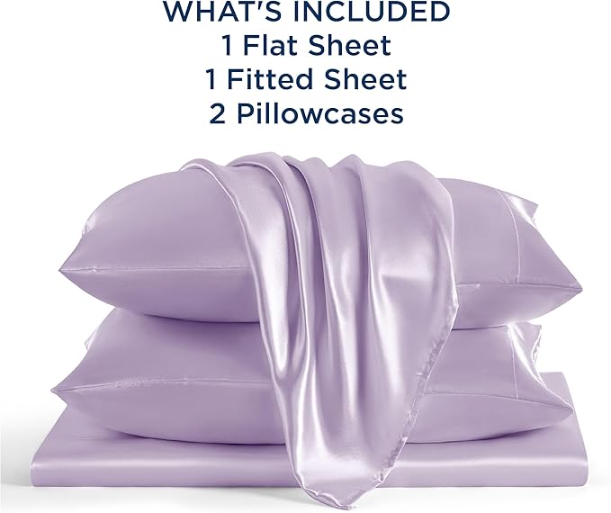Bedsure Satin Sheets King Size - 4 Piece Silky Bedsheets with 15 Inches Deep Pocket Fitted Bedsheet,1 Flat Sheet, 2 Satin Pillowcases, Good for Hair & Skin (King, Lavender)