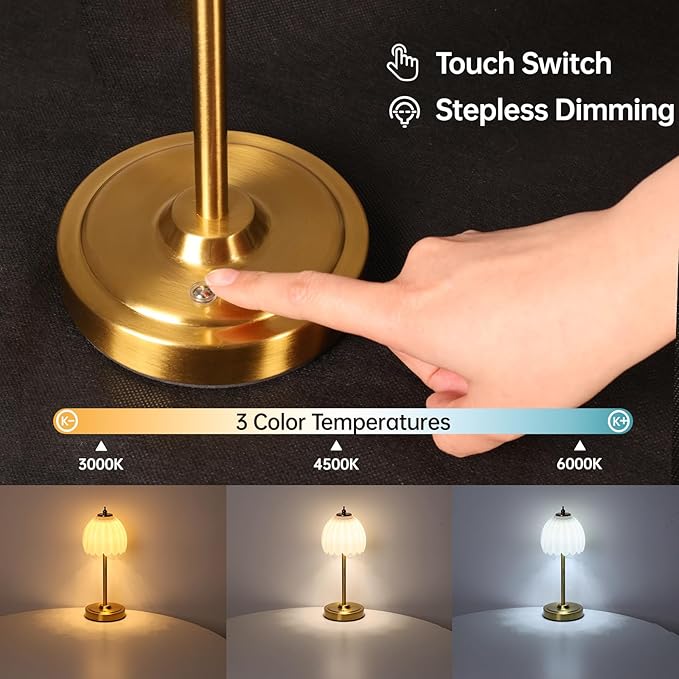 Tulip Table Lamp with 5000mAh Battery & Touch Control, Small Cordless Table Lamp with 3 Colors, Dimmable Rechargeable Battery Operated Table Lamps for Bedroom, Bedside, Desk (White Tulip)