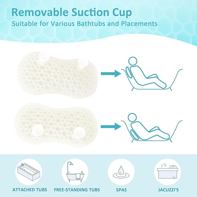 Sunlit Bath Jello Mini Gel Bath Pillows, Lumbar Pillow for Bathtub, Back Support Pillow, Gel Pillow with Non-Slip Suction Cups for Lumbar, Back Rest Support, Transparent White