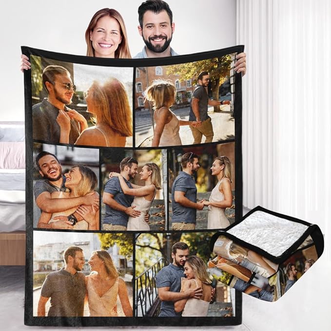 Custom Sherpa Fleece Blanket with Photos and Text - Soft Warm Fuzzy Personalized Couples Gift for Boyfriend Girlfriend - Customized Picture Gifts for Birthday Anniversary Christmas