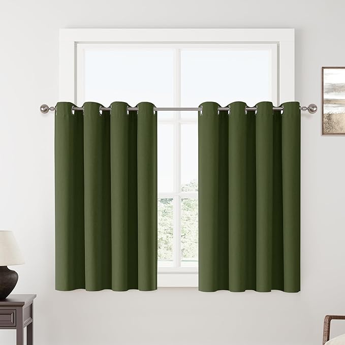 ChrisDowa 100% Blackout Olive Green Solid Curtains 54 Inches Long 2 Panels for Bedroom Living Room,Farmhouse Room Darkening Thermal Insulated Soundproof Grommet Top Window Treatment Drapes,52x54