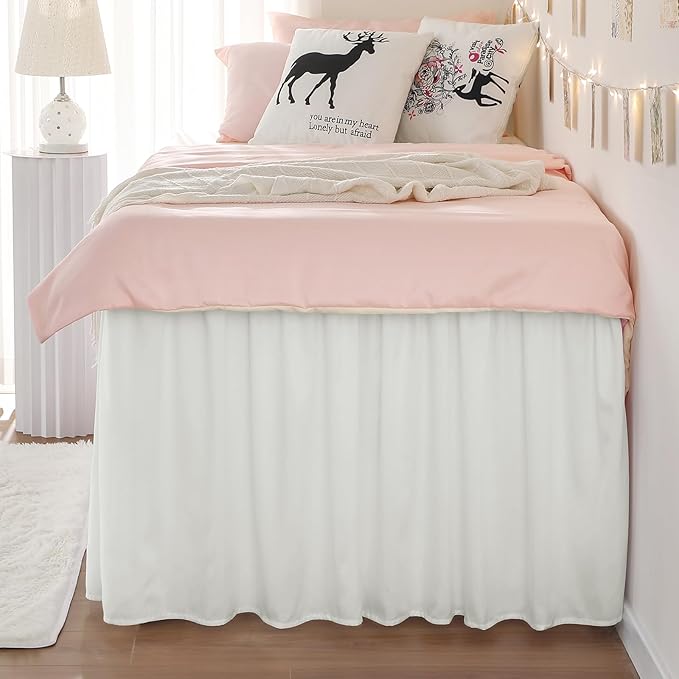 RIMELA Dorm Bed Skirt Twin XL 46 Inch Drop, Easy to Install Extra Long Wrap Around Elastic Dust Ruffle, Warm White Bedskirt Solid Silky Fabric Machine Washable (Twin XL 80“L x 39”W & Twin 75“L x 39”W)