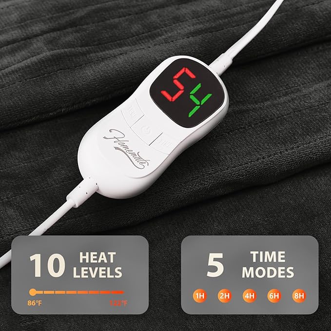 Homemate Electric Heated Blanket Queen Size - 84"x90" Heating Blanket Queen Size Dual Control 1/2/4/6/8 Hours Auto-Off 10 Heat Level Over-Heat Protection Flannel Sherpa ETL Certification