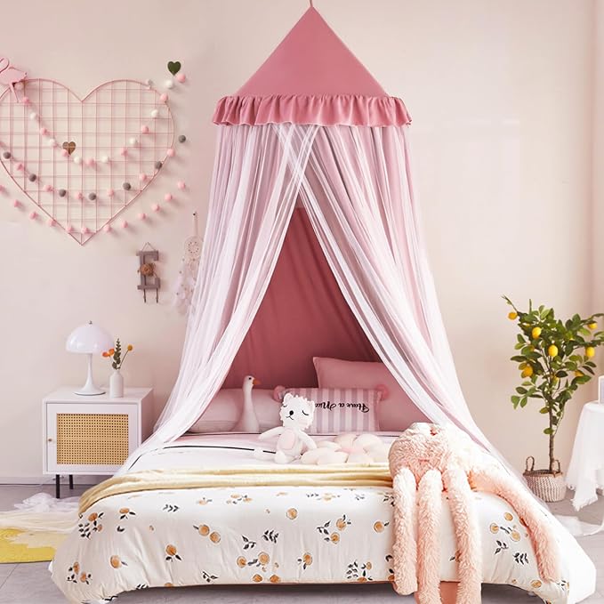 Kertnic 31.5inch Large Dome Bed Canopy for Girls, Double Layer Dreamy Ruffle Princess Canopy, Bedroom Hanging Tent Kids Reading Nook Canopies,Full Queen Bed Canopy Curtain (Dark Rusty-Pink)