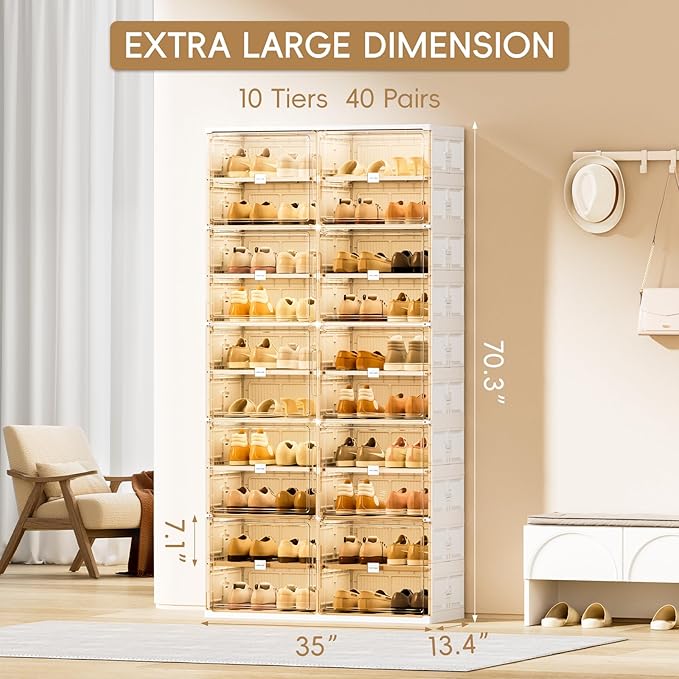 JEKO&JEKO 10 Tiers Foldable Shoe Rack Organizer Cabinet for Closet Entryway, Large Collapsible Shoe Storage Box with Magnetic Doors Fits Up to 40 Pairs (White)