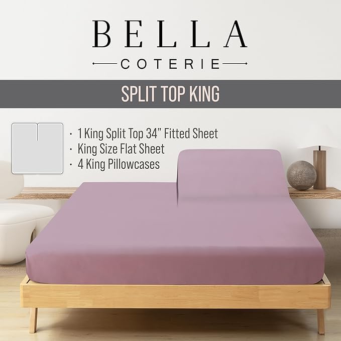 Bella Coterie 6 Piece Luxury Bamboo Viscose Split Top King Size Sheet Set | 34" Split for Adjustable Beds | 100% Organically Grown| Cooling | 18” Deep Pocket | 4 Pillowcases [Lilac]