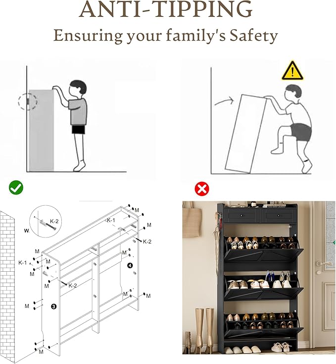 Shoe Storage Cabinet for Entryway, Farmhouse Narrow Shoe Cabinet with 3 Flip Drawers & 2 Top Drawers, Adjustable Shelves & Hooks, Freestanding Hidden Rack Organizer for Hallway, Foyer