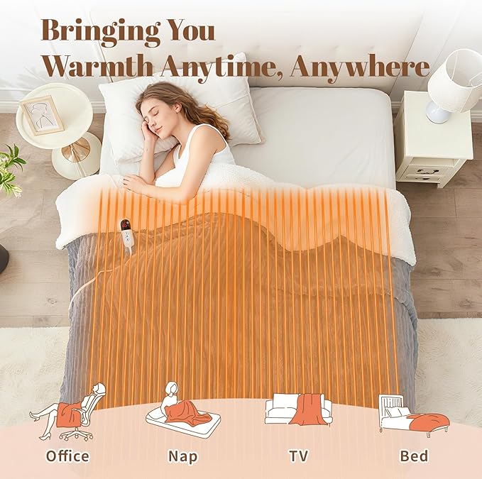 Electric Heated Blanket Twin Size - 62"x84" Fast Heating Bed Blankets with 6 Heating Levels & 10 Hours Auto Off, Soft Ribbed Flannel Sherpa, Over-Heated Protection ETL, Light Gray