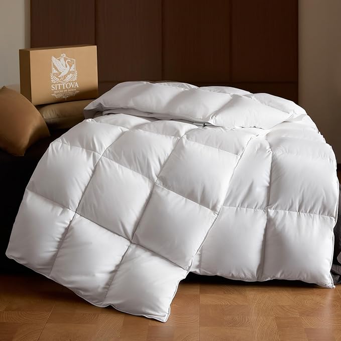 Goose Down Fiber Comforter Queen Size – All-Season Hotel Quality Duvet Insert, High Fill Power, Ultra Soft 100% Cotton, Box-Stitched, Breathable, Luxurious White Bedding, 90"x 90"
