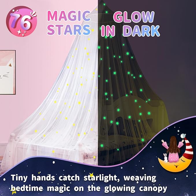 South to East Bed Canopy for Girls with Glowing Stars, Princess Canopy Bed Curtains for Kids, Starry Net Canopy for Girls Room Decor, Kids Bed Canopy for Single, Twin, Full, Queen Size Bed