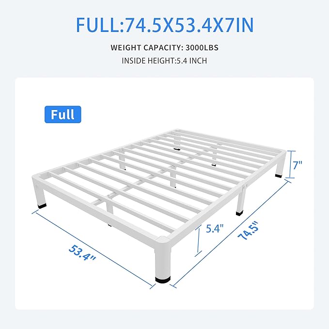MAF 7 Inch Full Size Metal Platform Bed Frame White with Round Corner Legs, Mattress Slide Stopper, 3000 LBS Heavy Duty Steel Slats Support, Noise Free, No Box Spring Needed, Easy Assembly