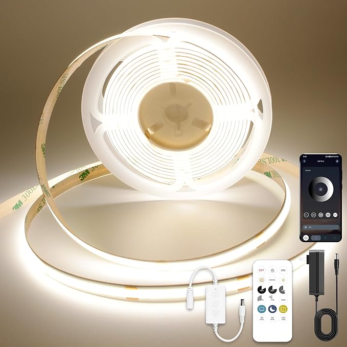 COB LED Strip Lights with Remote, 24V 9.84ft Natural White Dimmable LED Light Strips, High Bright 4000K LED Lights with Power Supply for Room, Kitchen, DIY Home Decoration
