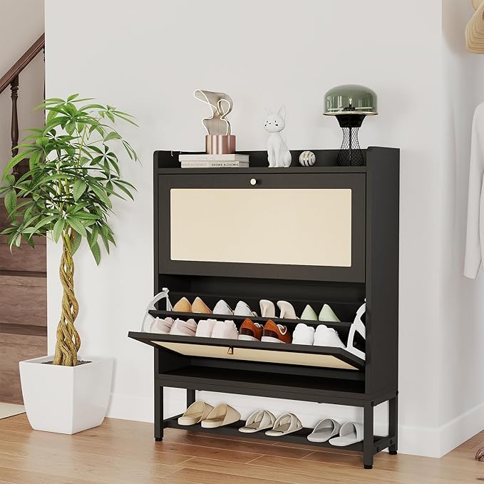 Slim Entryway Shoe Storage Cabinet with 2 Flip Drawers, Modern Freestanding Shoes Organizer Holds 16-20 Pairs, Closed Shoe Storage for Hallway, Foyer - Space-Saving Wood Shoe Cabinet