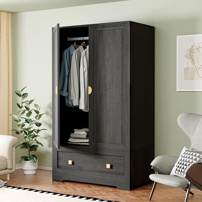 VINGLI Armoire Wardrobe Closet with Doors, 38" W Armoire Wardrobe Cabinet with Drawers and Hanging Rod, Black Wood Bedroom Armoires, 21" D x 38" W x 65" H