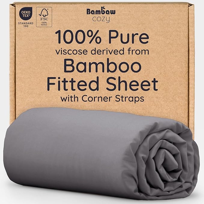 Bambaw 100% Viscose Derived from Bamboo Fitted Sheet Twin Size, 15’’ Deep Pocket, Twin Fitted Sheet Cooling with Corner Straps (Dark Gray)