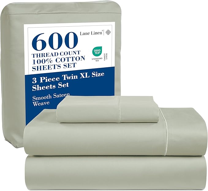 LANE LINEN King Size Sheets – 600 Thread Count Long-Staple 100% Cotton King Bed Sheets, Sustainably Produced & Oeko-Tex Certified, Soft Silky Sateen Finish, 15" Deep Pocket Fitted Sheet – Mineral