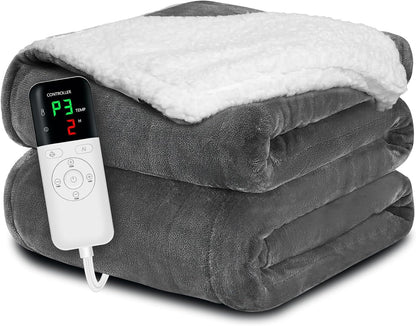 Heated Blanket Throw 50x60, Extra Plush 220GSM Flannel & Sherpa with Child Lock | 6-Level Smart Adaptive Heat & 8Hr Timer | ETL Certified Electric Blanket for Full Body Comfort