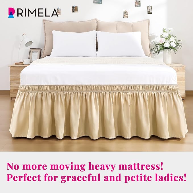 RIMELA Beige Bed Skirt Queen Size 18 Inch Drop, Wrap Around Elastic Bedskirt, Dust Ruffle for Adjustable Bed Base Machine Washable Easy to Install Bed Skirts