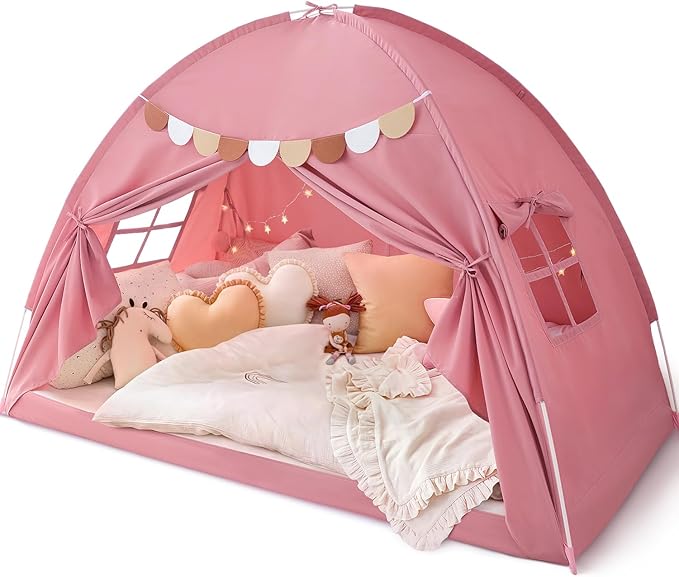 Bed Tent Twin, Bed Canopy for Kids Girls, Tents Toddler Portable Sleeping Tents Indoor, Pink Bunk Canopy Floor Playhouse for Twin Size Bed for Birthday Toy House Gift