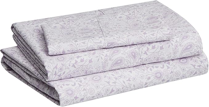 Amazon Basics Lightweight Super Soft Easy Care Wrinkle Free Microfiber 3 Piece Bed Sheet Set with 14-Inch Deep Pockets, Twin, Lavender Paisley, Floral, Kids, Men & Women Bedding