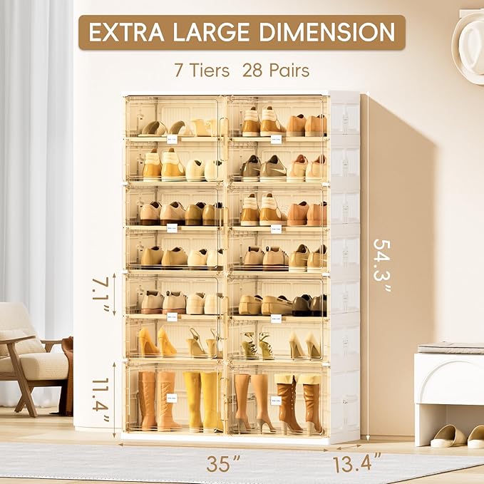 JEKO&JEKO 7 Tiers Foldable Boot and Shoe Storage Rack Cabinet for Closet Entryway, Large Collapsible Shoe Organizer with Magnetic Doors (White)
