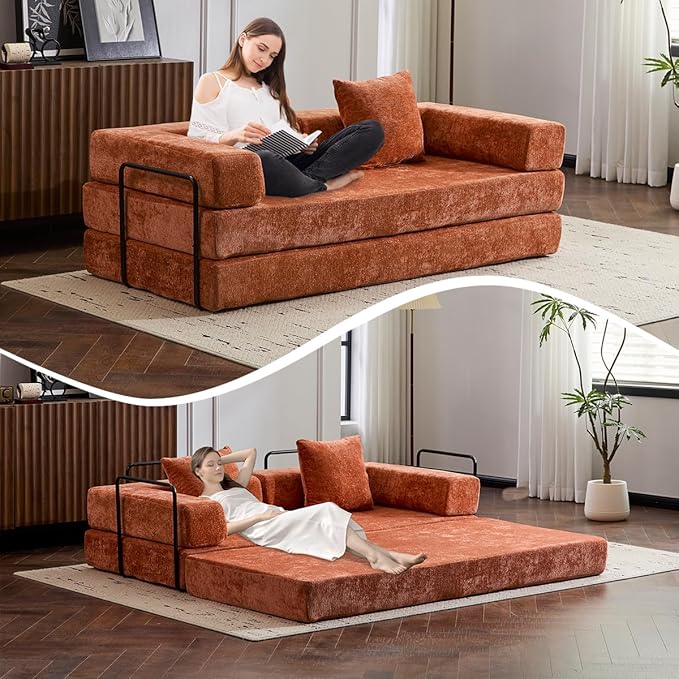 4-in-1 Convertible Folding Sleeper Sofa Bed, Fold Out Floor Sofa Couch with Fixed-Shape Frame, Cloud Corduroy Foldable Mattress Couch for Living Room Bedroom (78.5" Chenille, Orange)