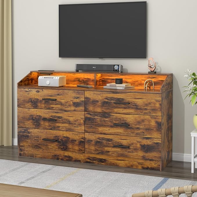 6 Drawer Dresser with Power Outlet, Chest of Drawers with LED Light, Modern Dresser with Open Storage Cubby, Double Wide Dressers Organizer for Bedroom, Living Room, Entryway, Hallway