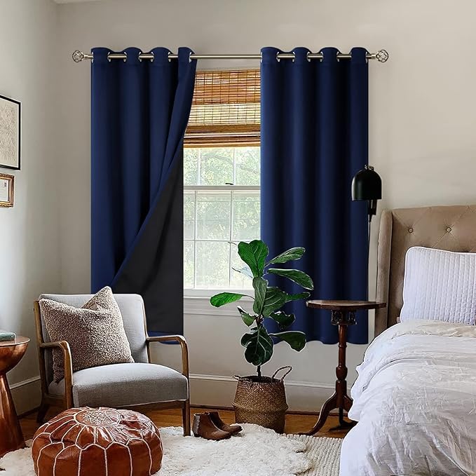 BGment Thermal Insulated 100% Blackout Curtains for Bedroom with Black Liner, Double Layer Full Room Darkening Noise Reducing Grommet Curtain (52 x 63 Inch, Navy Blue, 2 Panels)