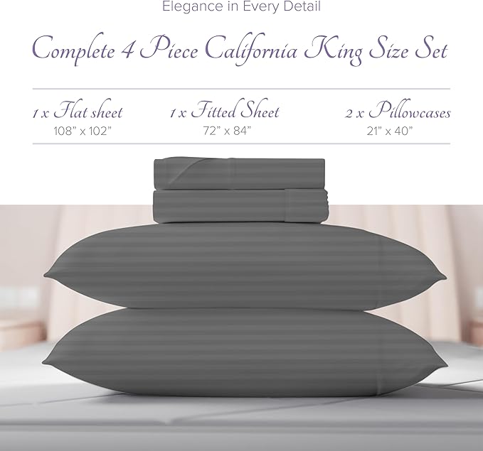 Carressa Linen Luxury Egyptian Cotton California King Stripe Sheet Set, 600 Thread Count Extra Long Staple 4 PC Set, Cal King Stripe Sheets, Soft, Cooling Striped Sheets 16 in Deep Pocket - Dark Grey