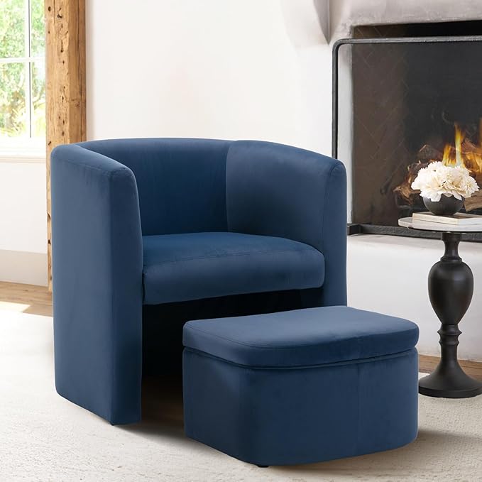 Mid-Century Velvet Living Room Chair with Storage Ottoman, Space-Saving Accent Chairs for Bedroom/Reading Spaces/Office, Blue