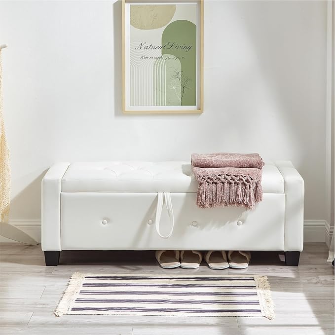 48” Storage Ottoman Bench, Upholstered Button-Tufted End of Bed Bench with Soft-Close Hinge & Solid Wood Legs, Foot Rest for Living Room, Bedroom, Hallway (Faux Leather, White)