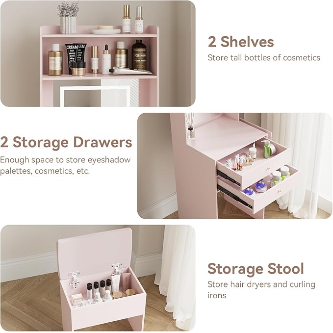 ARTETHYS Small Vanity Desk Set with 3 Adjustable Lighted Mirrors and Lights, Pink Makeup Vanities Set for Compact Space with Storage Stool White Dressing Table with Fold-up Panel for Bedroom