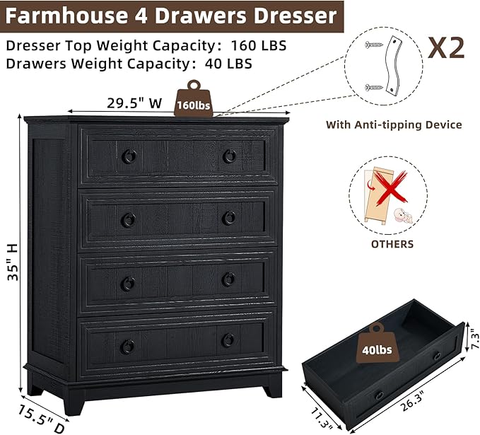 Farmhouse 4 Drawer Dresser for Bedroom, 35" Tall Small Dressers & Chest of Drawers, Rustic Wood Dresser with Metal Handle, Storage Organizer Closet for Living Room, Hallway, Entryway