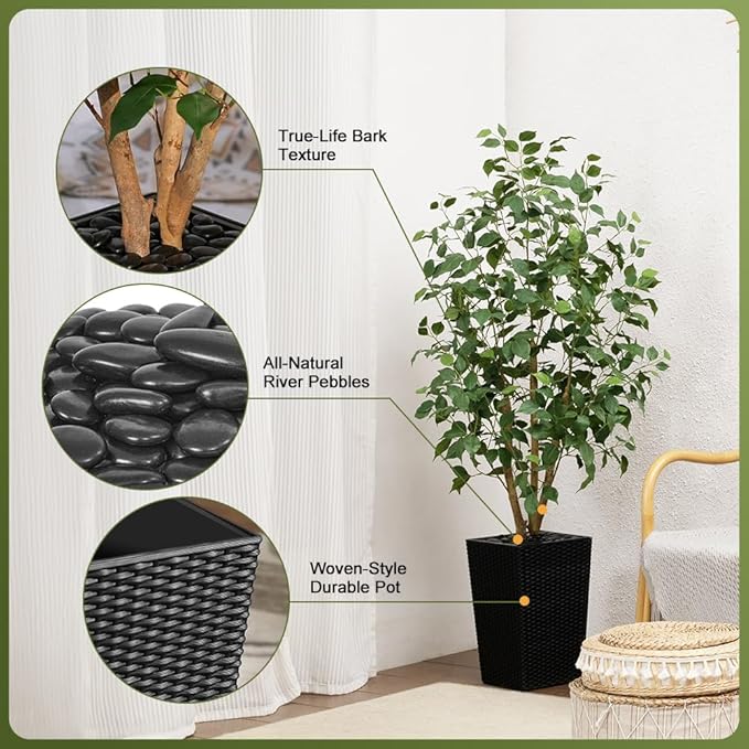 5ft Artificial Ficus Tree,Tall Faux Tree with Silk Leaves & Real Wood Trunk,UV Resistant Potted Fake Plant with Pebbles & Planter-Indoor Outdoor Floor Plant for Home,Living Room,VN129