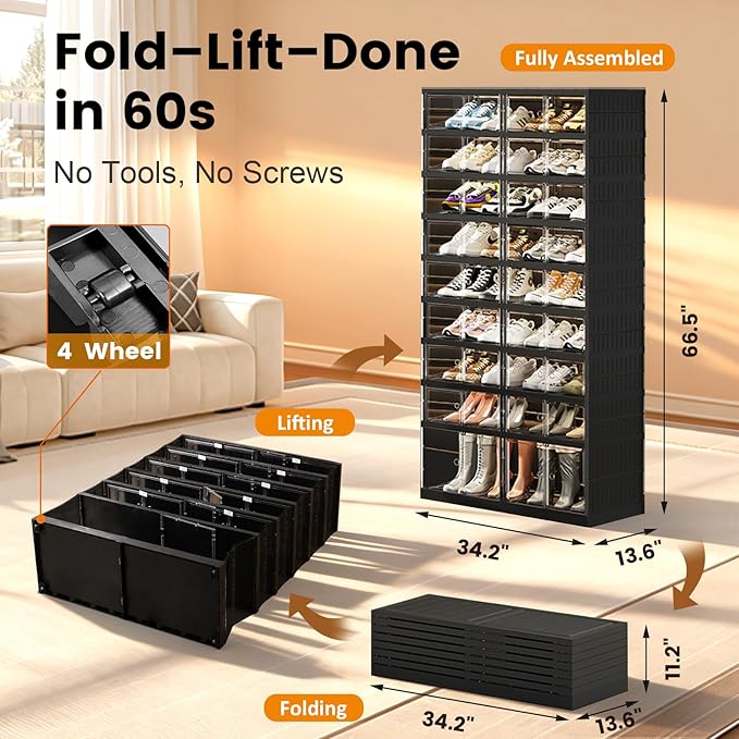 Shoe Rack Organizer for Closet Entryway Foldable Sneaker Storage Shoe, Collapsible Shoe Cabinet, Stackable Shoe Storage Cabinet with Lids for Living Room (9 Tiers -36 Pairs Black)