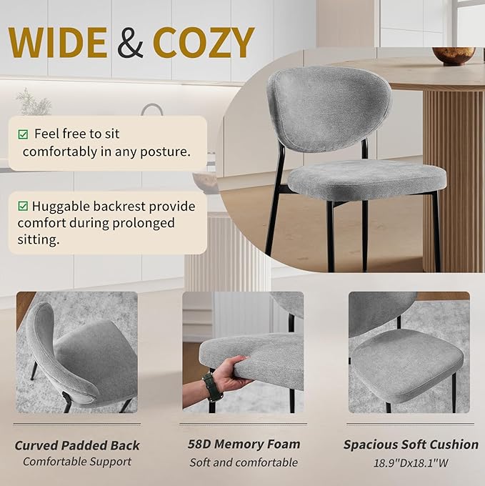 Dining Chairs Set of 2 Chenille Upholstered Dining Room Chairs with Crescent-Shaped Backrest Modern Ergonomic Accent Kitchen Chairs with Swivel Leveling Feet for Bedroom/Vanity Grey
