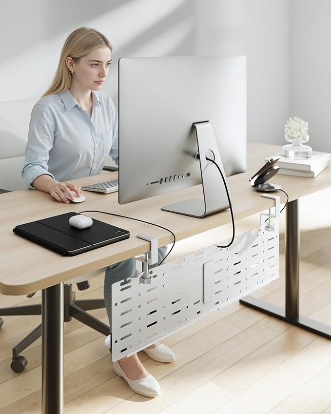Under Desk Cable Management Tray, 30.2" Vertical Metal Pegboard Organizer for Power Strip, Cables, Clamp On Cord Organizer Rack with Hooks, Trays & Cable Straps for Home Office, White