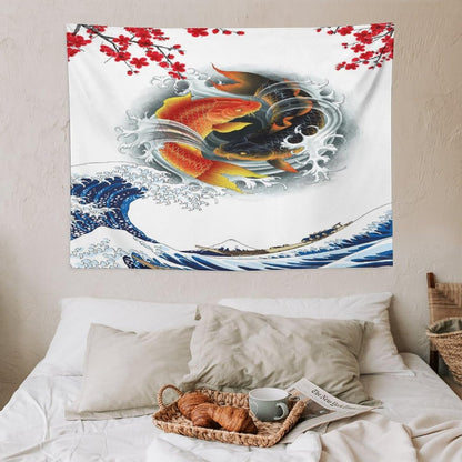 Houselerax Koi Fish Tapestry, Japanese Style Yin Yang Big Wave Cherry Blossoms Tapestries Wall Hanging for Bedroom Living Room Office Decor 40"x30"
