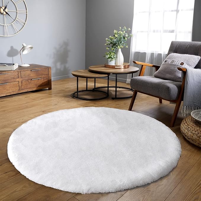 Latepis White Round Rugs 6ft Faux Rabbit Fur Rug for Living Room Washable Fluffy Rug for Kids Room Bedroom Furry Shaggy Rugs for Dorm Nursery Room
