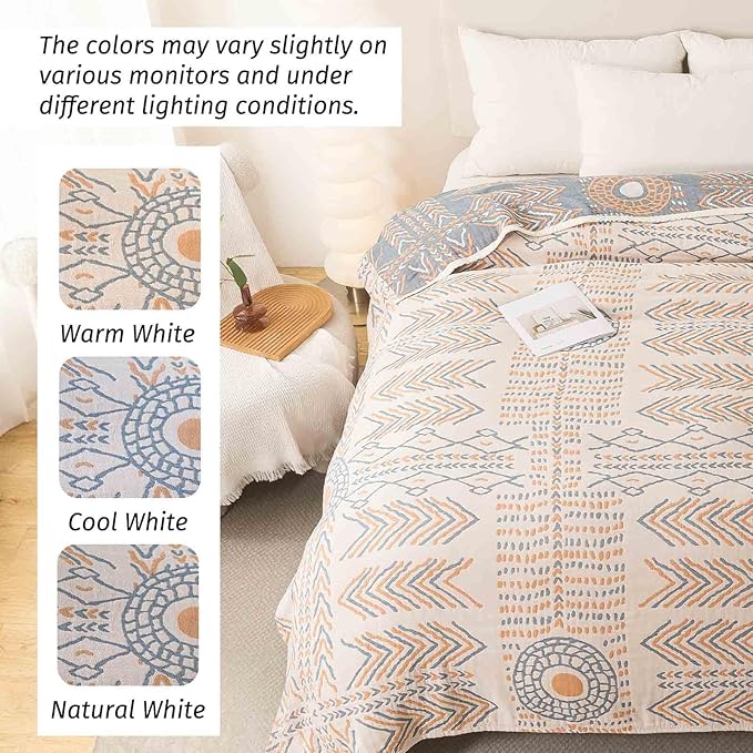 Qidordour Boho Throw Blanket, 80"x90" Muslin Blankets, 100% Organic Cotton Blanket for Couch Sofa, Lightweight Quilt, All Season Bed Throw, Farmhouse Home Decor, D-Indian Arrowhead