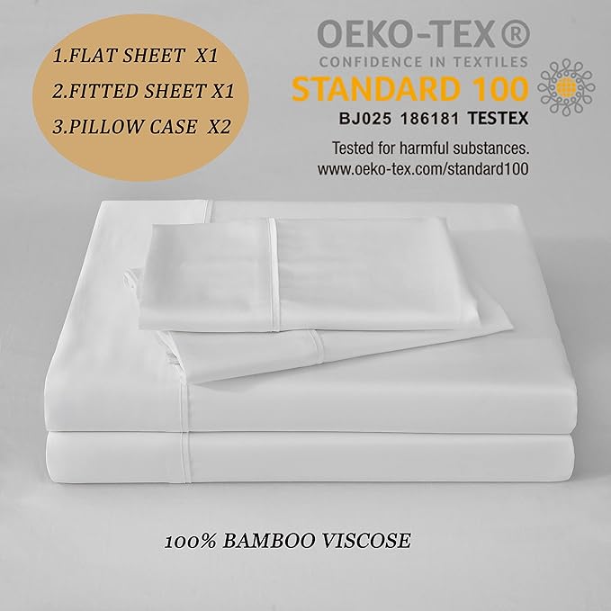 Linen World Cooling Bed Sheets Set Queen Size,100% Organically Grown Viscose Sheets,Deep Pocket Up to 16",4 Pieces Silky Soft,Breathable Bedding Sheets & Pillowcases(White,Queen)