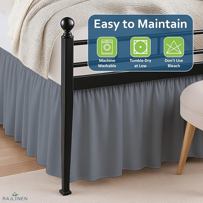 Rajlinen Ruffled Bed Skirt Twin, 12 Inch Drop Dust Ruffle with Split Corners, 100% Microfiber Bedskirt with Platform, Three-Sided Coverage Ruffled Gathering Design, Dark Grey