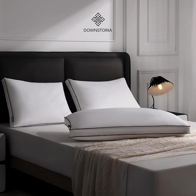Feather Down Pillows Queen Size Set of 2 with Gusset, Luxury Hotel Collection Bed Pillow 2 Pack, Down Surrounded Gusseted Pillows for Sleeping, Soft for Side, Back Sleepers 20x30 in.